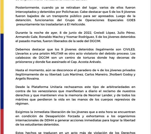 (VENEZUELA) PLATAFORMA UNITARIA DE LA OPOSICIÓN SOLICITA LIBERACIÓN DE JÓVENES DE VOLUNTAD POPULAR