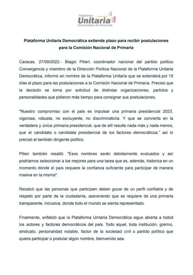 (VENEZUELA) PLATAFORMA UNITARIA DEMOCRÁTICA EXTENDIÓ PLAZO PARA ...