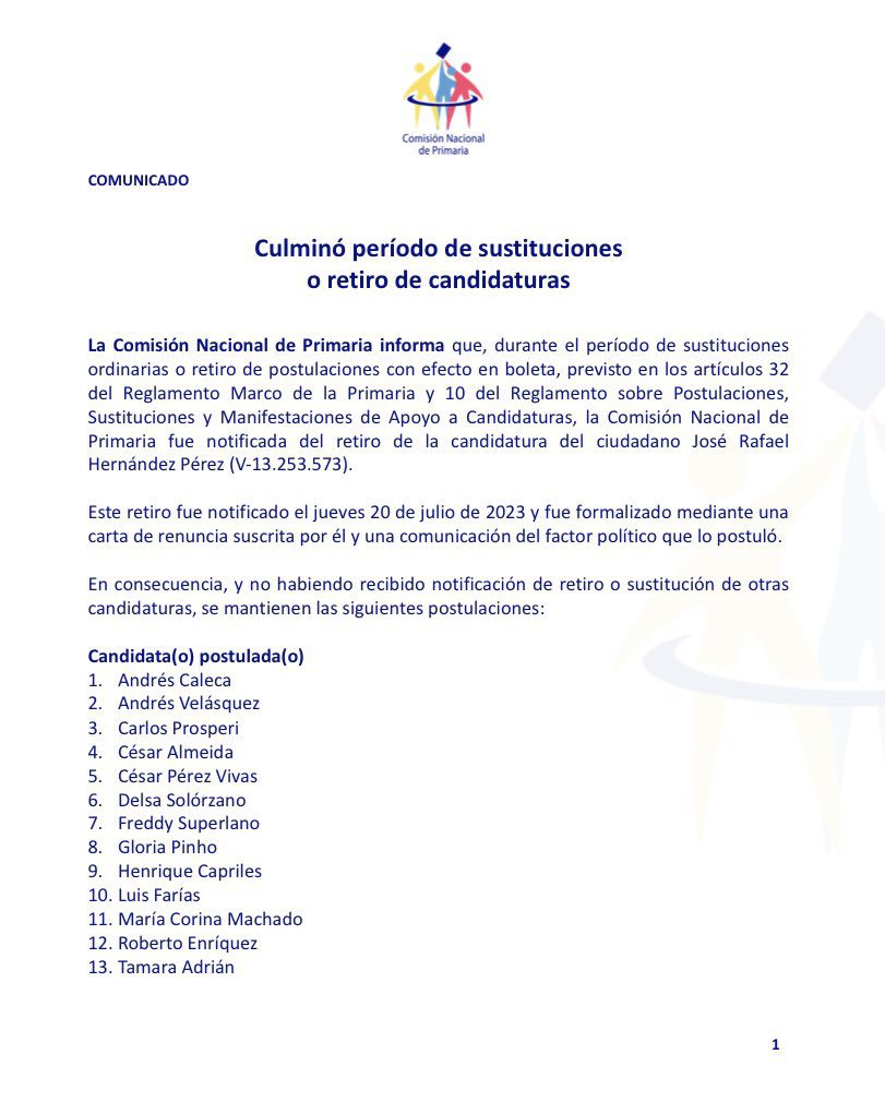 (VENEZUELA) COMISIÓN NACIONAL DE PRIMARIAS RATIFICA LA PARTICIPACIÓN DE ...