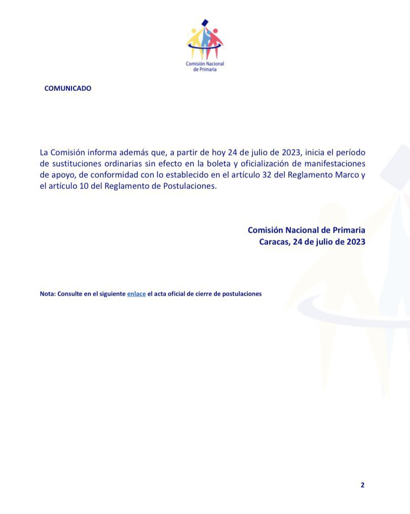 (VENEZUELA) COMISIÓN NACIONAL DE PRIMARIAS RATIFICA LA PARTICIPACIÓN DE ...