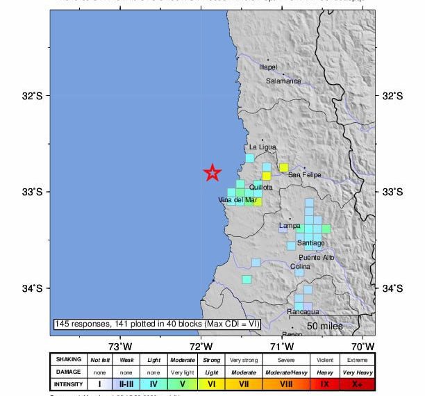 (CHILE) REPORTAN SISMO DE MAGNITUD 6,0 AL NOROESTE DE VALPARAÍSO